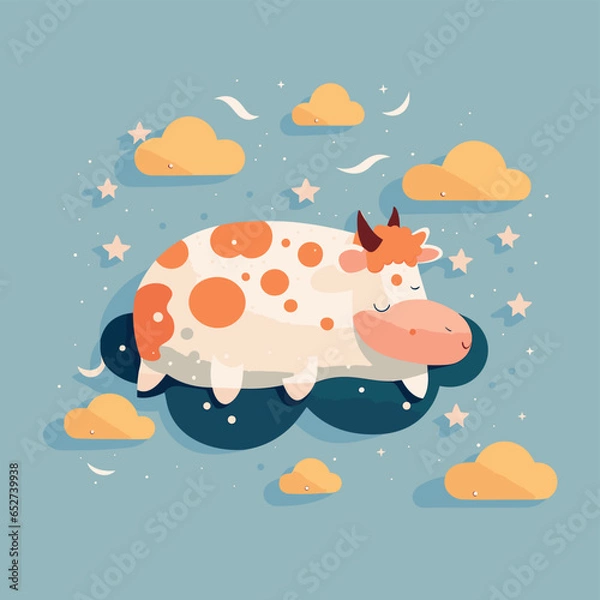 Obraz Adorable Cow Resting on a Cloud - Vector Flat SVG Illustration