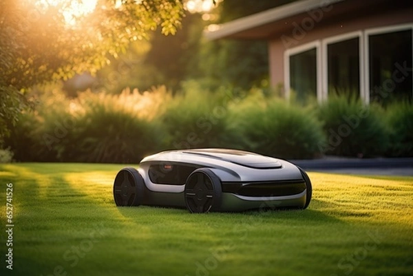 Fototapeta Sunny scene featuring a robotic lawn mower in action.
