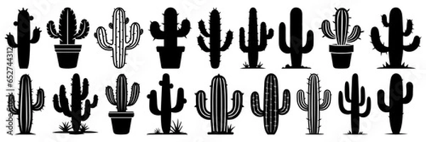 Fototapeta Cactus desert silhouettes set, large pack of vector silhouette design, isolated white background