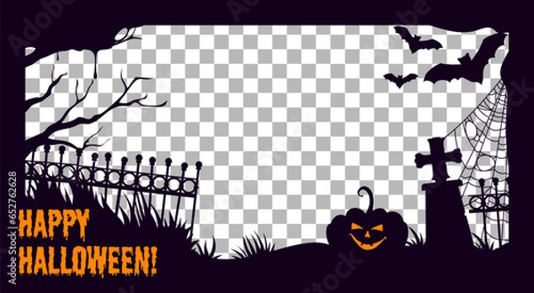 Fototapeta Halloween social media post black frame template with pumpkin on cemetery, vector silhouette. Happy Halloween holiday social media storytelling post frame with grave tombstone, bats and spiderweb