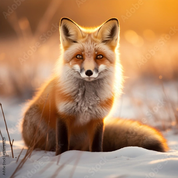Obraz  red fox sitting in the forest, looking camera in the sunset