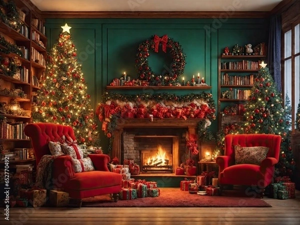 Fototapeta Fireplace Room Christmas Digital Backdrop photography background Christmas tree stockings props Christmas presents gift box overlays library