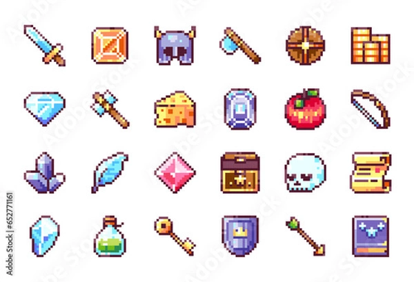Fototapeta Pixel Art Game Elements Collection. 8bit Video Games Icons. Pixelated Weapons, Armor, and Assets - Sword, Scroll, Axe, Hammer, Skull, Helmet, Shield, Gems, Potion, and More Classic 90s Game Items.