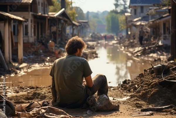 Fototapeta Disaster relief worker providing aid in the aftermath of a natural disaster, Generative AI