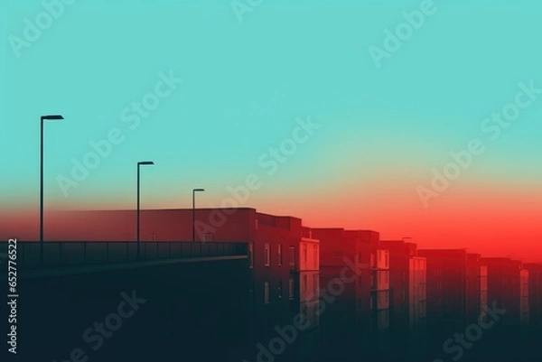 Obraz Teal and Red City Minimalism in a negative artistic space. Visual abstract metaphor. Geometric shapes with gradients.