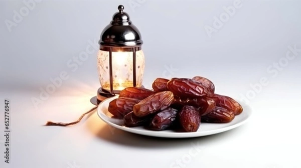 Obraz Dates on the plates with lantern and dates leaves