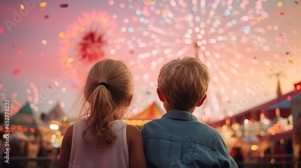 Fototapeta Two children, hands intertwined, stand in awe, gazing at the enchantment of a carnival. Behind them, a brilliantly Ferris wheel pierces the twilight, surrounded by candyfloss-like clouds