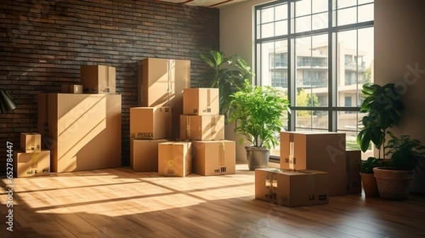 Obraz Cardboard boxes and crates for moving, relocation into a new home apartment, cardboard boxes in front of a window with rays of sunshine