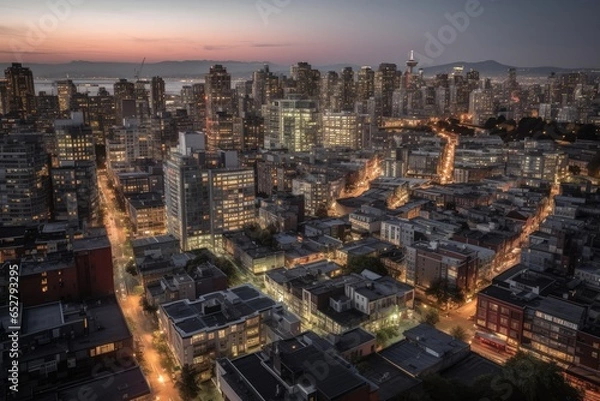 Fototapeta A panoramic view of a bustling urban skyline at dusk