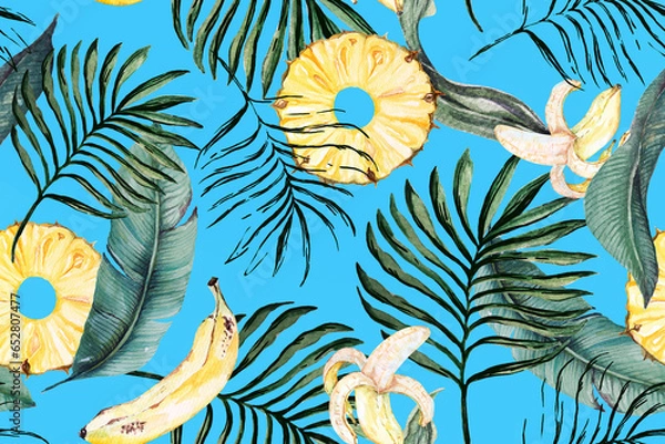 Obraz Seamless pattern palm, banana and pineapple drawing watercolor.Botanical tropical for design fabric patterns and wallpapers.Aloha fruit background botanical for summer.Natural style.