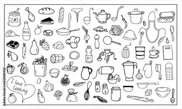 Obraz A set of vector black and white icons. The concept of cooking. Hand-drawn doodles. Icon, template, clipart, sketch. Kitchen, food, dishes, products, tools.