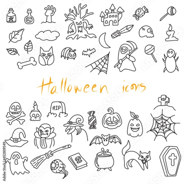 Fototapeta set of hallween drawing doodle illustration vector hand drawn isolated on white background