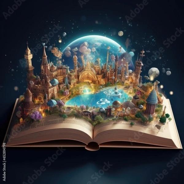 Fototapeta Open magic book concept open pages with water and earth. Fantasy, nature or learning concept