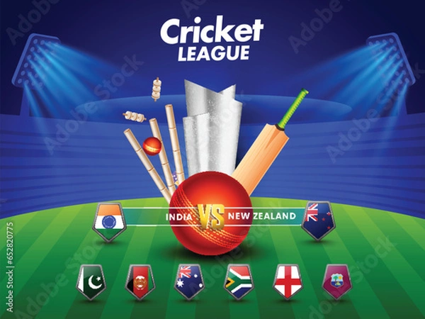 Fototapeta Cricket Match Schedule Between India VS New Zealand With Other Participant Countries Flag Shield, 3D Tournament Equipment And Silver Trophy Cup On Shiny Stadium Background.