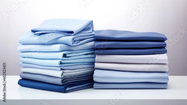 Fototapeta Folded clothes in stacks of various simple blue placed on a table on a light background