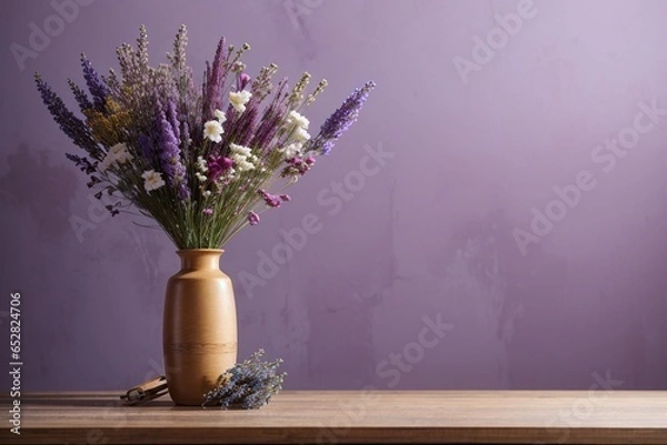 Fototapeta Bouquet of Lavender Flowers in Vase on Wooden Table, Purple Wall Background, using Generative Ai