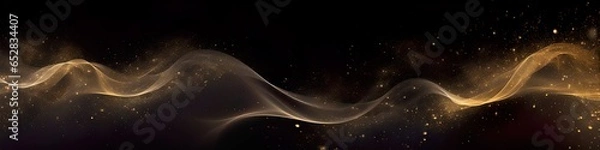 Obraz Luxury golden wave of lights and sparkle, elegant fluid data transfer technology, bokeh gold swirl on black background. Dust particles. Card for luxury greetings, business, technology.
