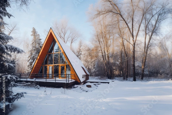 Obraz a beautiful A-frame house in the middle of the snowy forest on a brightful day