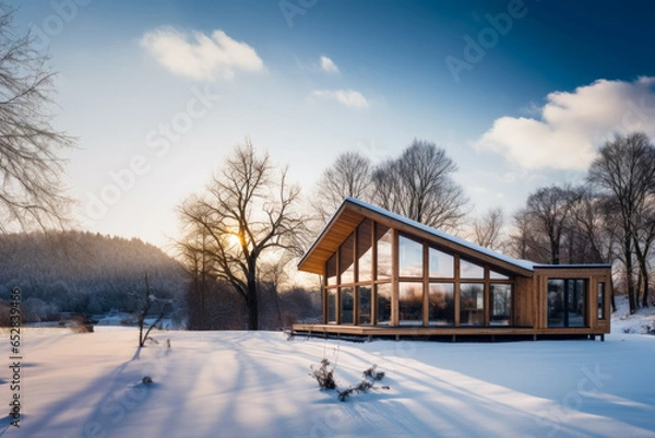 Obraz a beautiful modern wooden house in the middle of the snowy campain on a brightful day