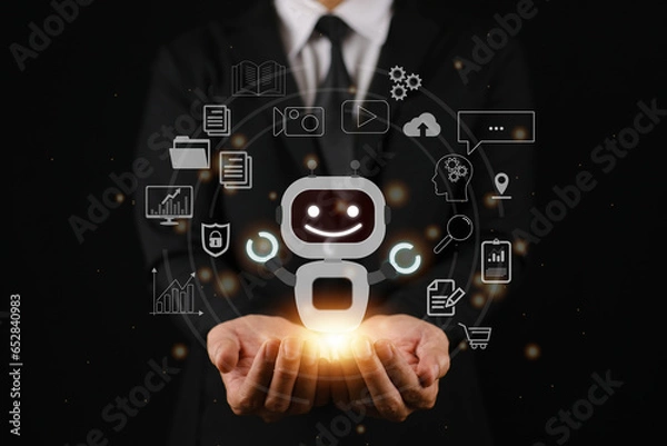 Fototapeta Man shows a robot with many icons around it on his hands, the concept of using artificial intelligence to help to create and solve problems, innovations to use AI with maximum efficiency.