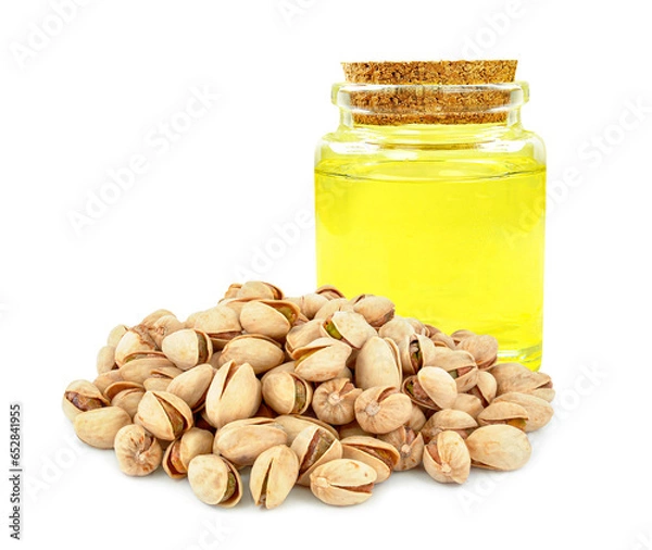 Obraz pistachio nut oil in bottle isolated on white background