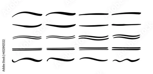 Fototapeta Swoosh and swoops double underline typography tails shapes. Brush drawn thick curved smears. Hand drawn collection of curly swishes, swashes, squiggles. Vector calligraphy doodle swirls.