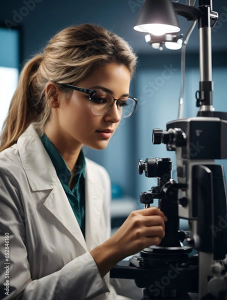 Obraz female Ophthalmologist looking at microscope