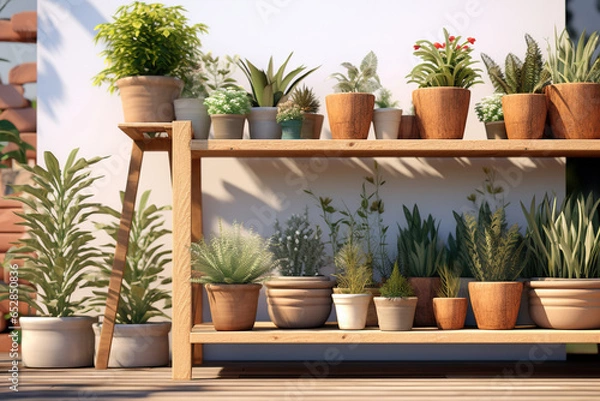 Fototapeta A calming minimalist outdoor gardening area, with clean-lined planters, essential gardening tools, and potted greenery