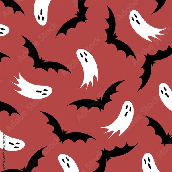 Fototapeta Halloween vector decorative pattern with flying bats and ghosts in red colour