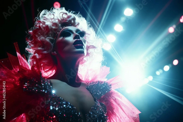Obraz drag queen, glittering from head to toe, owning the stage with fierce elegance, on a bright lit background