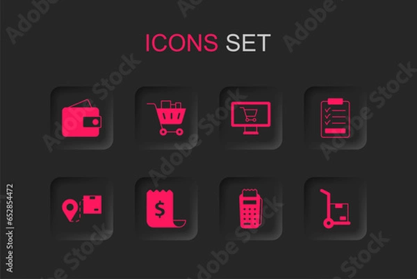 Fototapeta Set Paper check and financial check, Shopping cart food, Wallet, POS terminal, Clipboard with checklist, Hand truck boxes, on monitor and Location cardboard icon. Vector