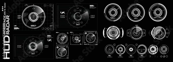 Fototapeta Big collection of aerial radar targets and air navigation devices. Interface device for geolocation and identification objects on the map. Digital targets or HUD sights