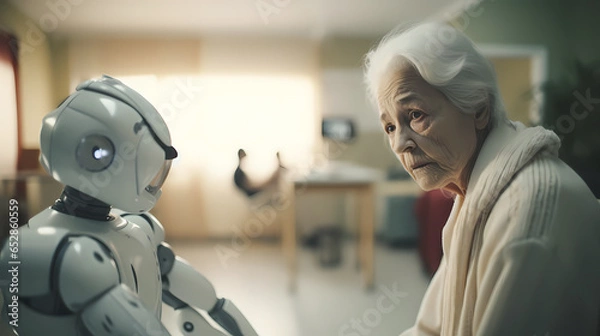 Fototapeta Elderly care robot in intelligent hospital. Concept AI artificial intelligence, services and health with future droid nursing Bot. Generation AI