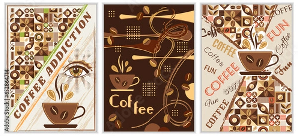 Fototapeta Posters with coffee cup, abstract shapes in simple geometric style For branding, decoration of food package, cover design, decorative print background, wall art