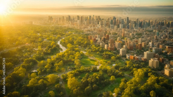 Fototapeta ariel view of a green city, bird eye view, golden hour sunlight with sky, landscape background