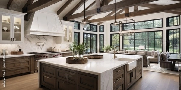 Obraz Kitchen interior in beautiful new luxury home with kitchen island and wooden floor, bright modern minimal style,  with copy space.