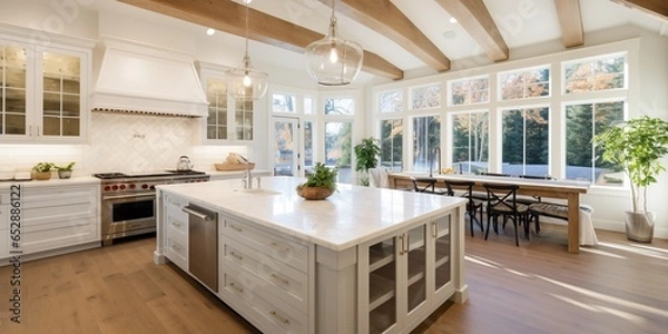 Obraz Kitchen interior in beautiful new luxury home with kitchen island and wooden floor, bright modern minimal style,  with copy space.