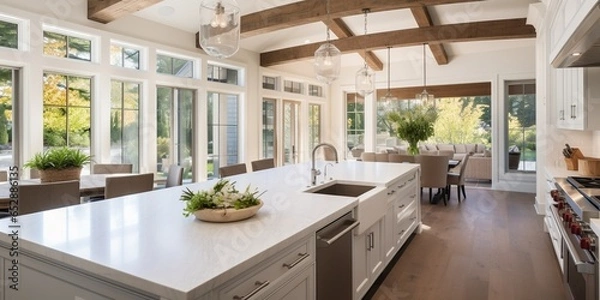 Obraz Kitchen interior in beautiful new luxury home with kitchen island and wooden floor, bright modern minimal style,  with copy space.