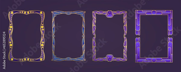 Fototapeta Set of gold vintage frames. Decorative engraved frame. Space theme, stars, outer space, jewelry. A4 template, retro futurism, fantasy, sci-fi. Vector illustration, isolated set.