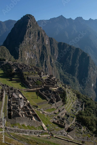 Fototapeta Panorama of Machupicchu with view of the mountains and the archeological site, in Peru, Sacred Valley. 