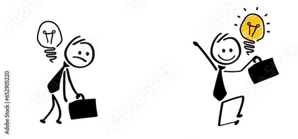Fototapeta Cartoon think big idea lamp with brain. Happy Businessman and light bulb or chaos icon. Comic stick figures and energetic man. Vector bulb and idea. Thinking or brainstorming ideas brain. Low energy