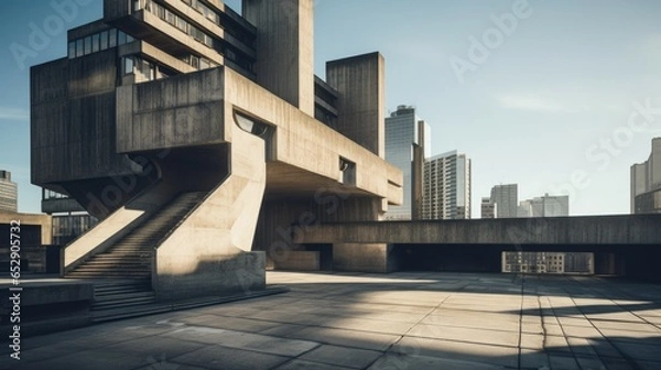 Fototapeta Massive Brutalist Architecture Casting Shadows on Streets