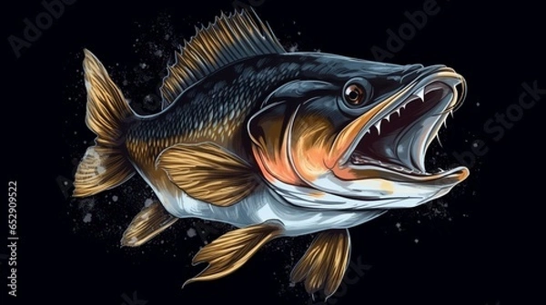 Fototapeta fishing zander graphic in dark colours realistic style.Generative AI