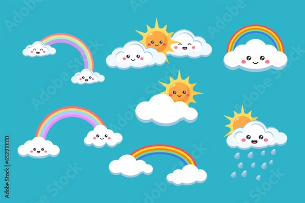 Fototapeta Set of clouds sun and rainbow cartoon flat illustration