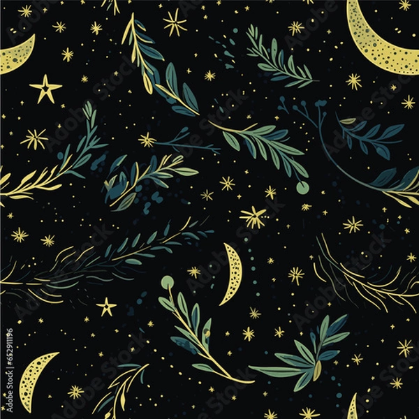 Fototapeta Dark celestial seamless pattern. Boho magic background with space elements stars, crescent, constellations and herbs. Vector doodle texture.