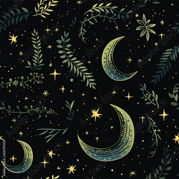 Fototapeta Dark celestial seamless pattern. Boho magic background with space elements stars, crescent, constellations and herbs. Vector doodle texture.