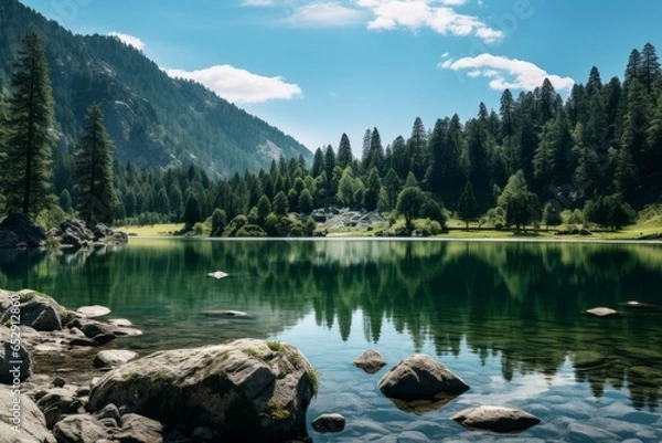 Fototapeta Nature's Masterpiece: A Serene Mountain Lake Reflecting Surrounding Trees