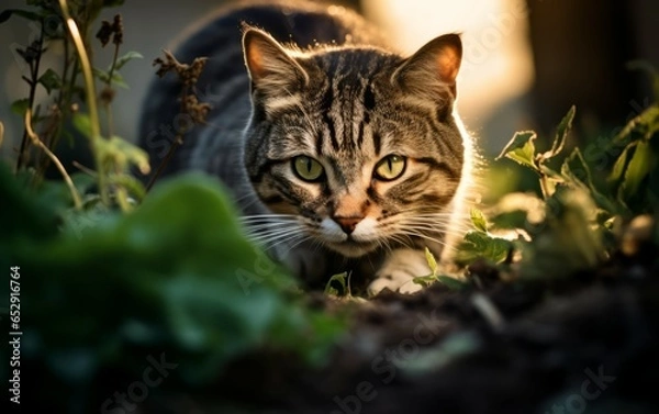 Fototapeta Garden Drama: Mouse vs. Cat at Twilight