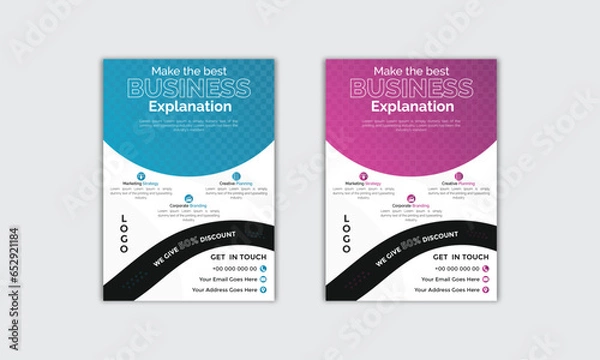 Fototapeta Corporate modern business flyer template design set, minimal business flyer template or catching flyer design, flyer in A4 with business proposal, modern with blue and pink flyer colorful eye catching