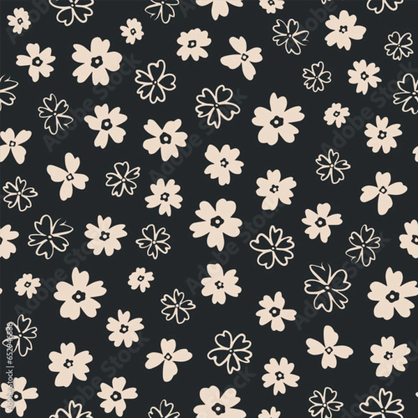 Fototapeta Cute calico floral seamless repeat pattern. Random placed, vintage botany all over surface print on black background.